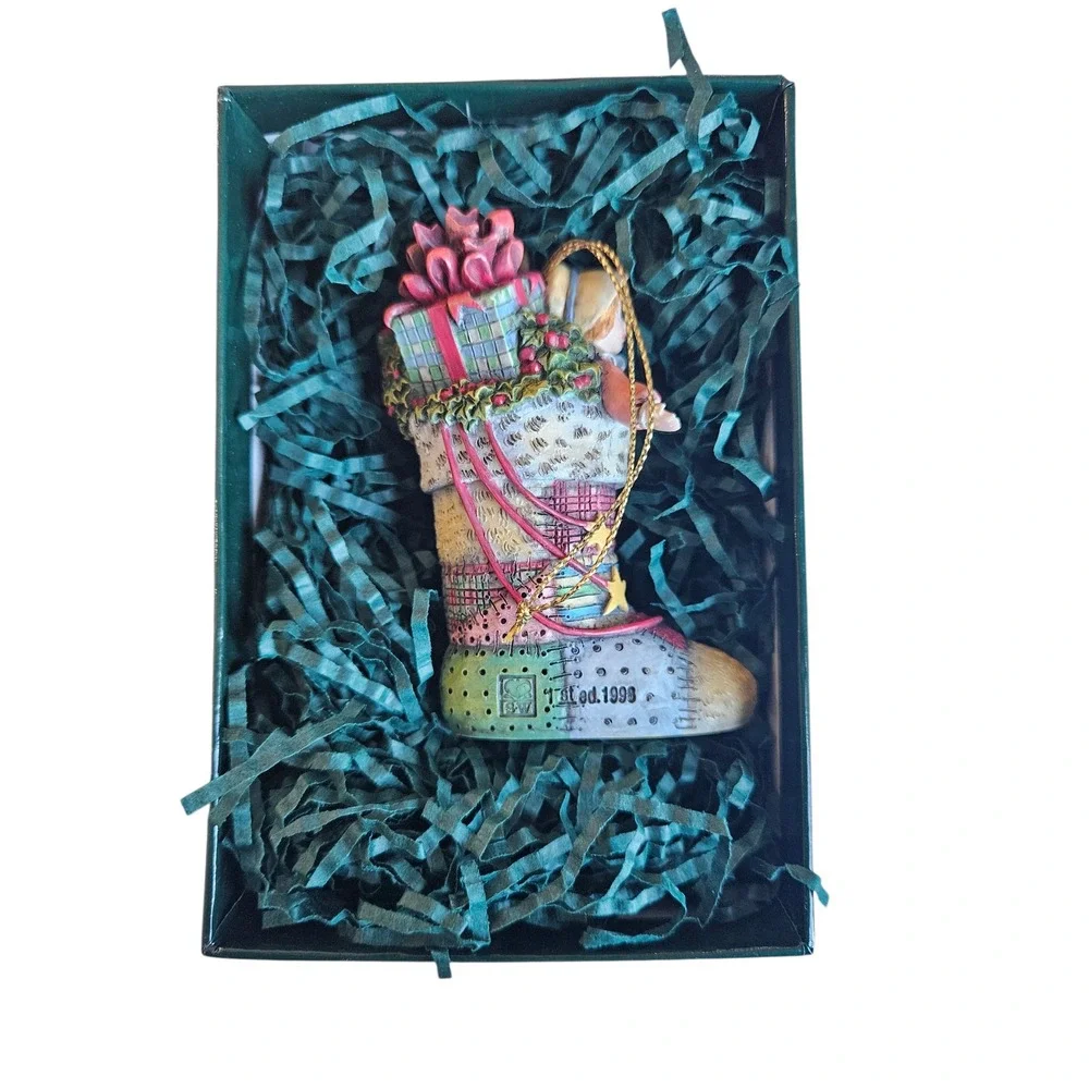 Collectible Christmas Stocking Ornament Figurine with Child and Bunny 1999‎